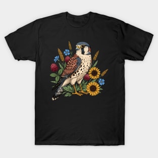 American Kestrel Wildflower Meadow Wildlife Art T-Shirt